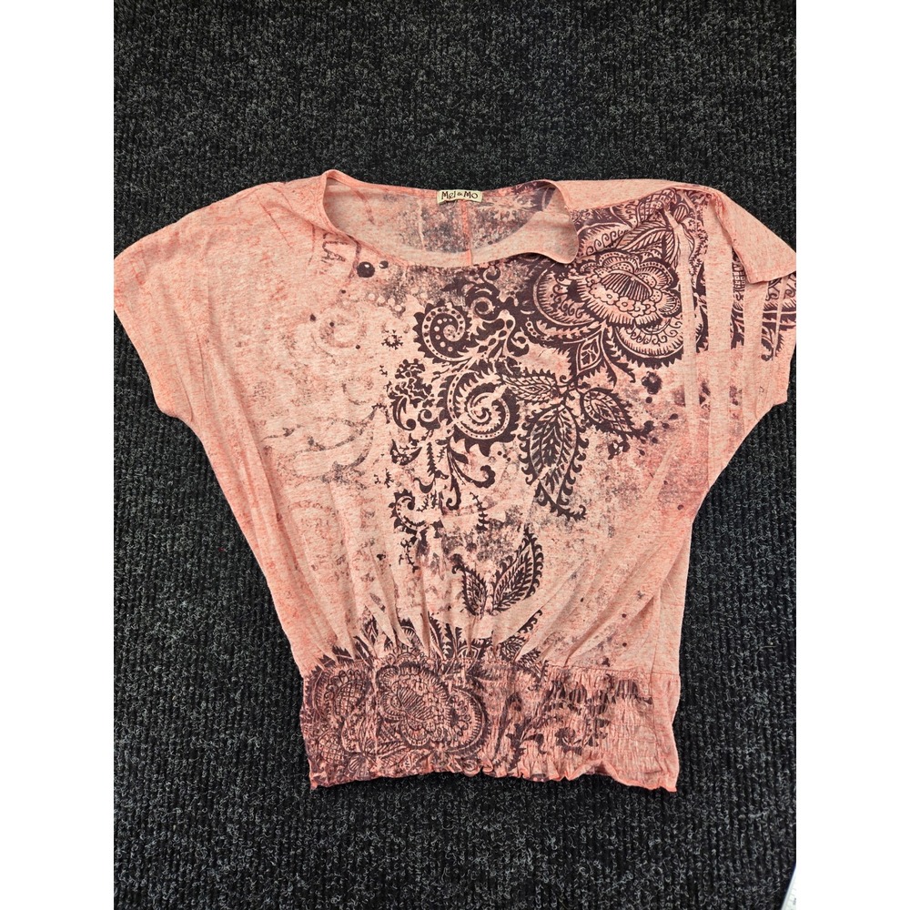 Mel & Mo Women Coral Pink Paisley Floral Smocked Hem Dolman Blouson Top Size L